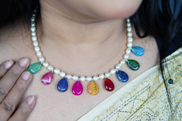 Real Pearl And Multi Colored Stone Necklace - Image 2